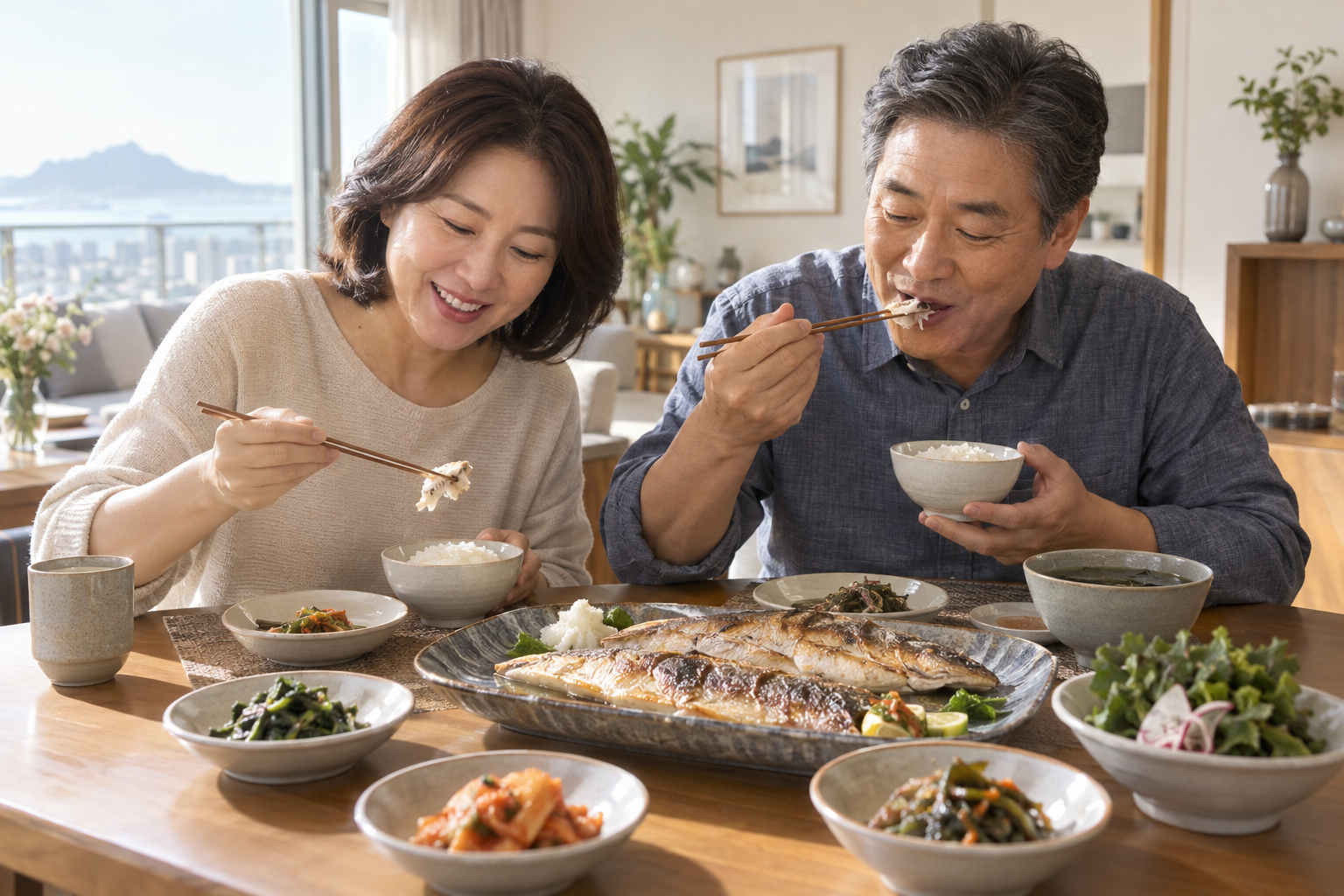 40대와 50대 한국인 부부가 집에서 구운 옥돔을 밥과 함께 먹는 연출 장면