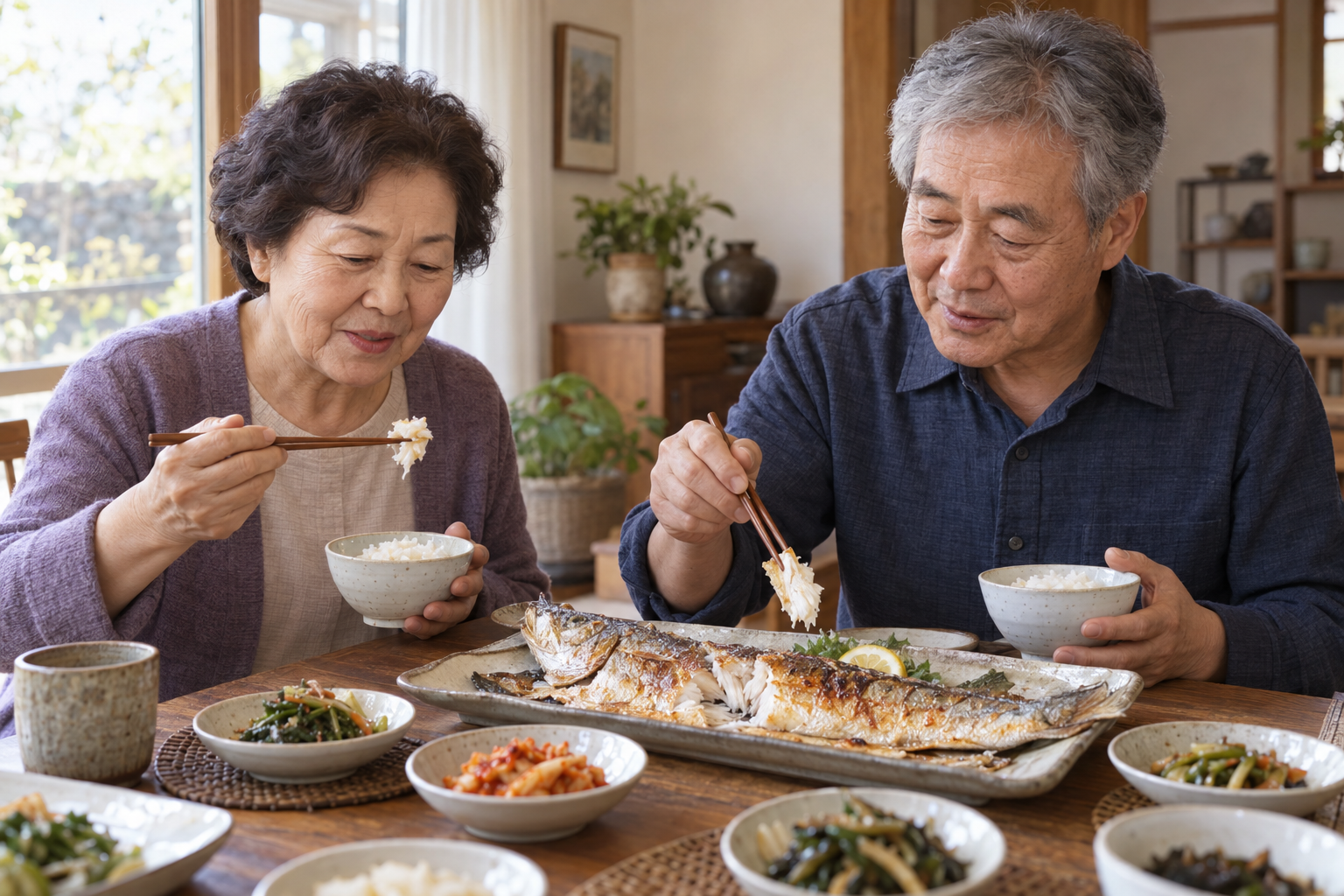 60대와 70대 한국인 부부가 집에서 구운 옥돔을 나누어 먹는 연출 장면